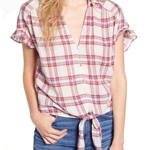 PAIGE Top Button Front Tie Split Neck Short Sleeve Plaid Cream Red Grey L NWT